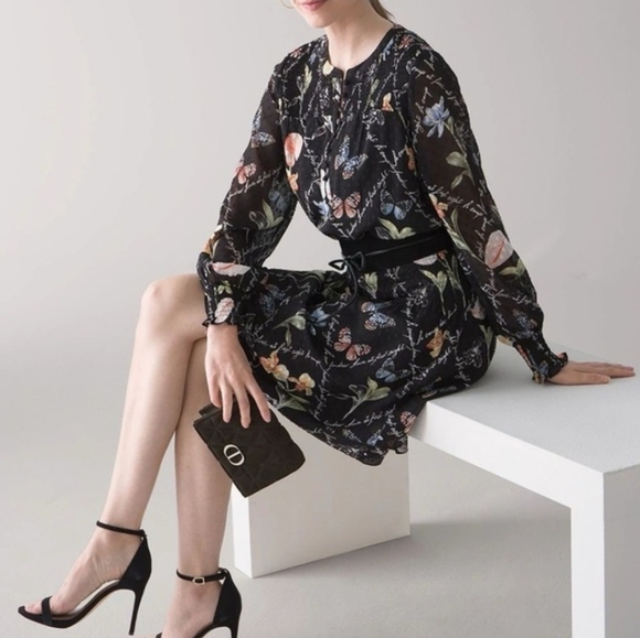 White House Black Market Dresses & Skirts - White House Black Market Black Floral Long Sleeve Dress